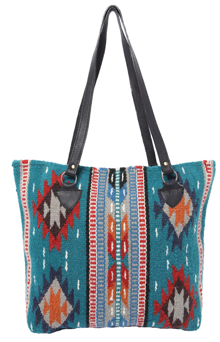 Handwoven wool Maya Modern Purse in classic zapotec-style design, turquoise and blue