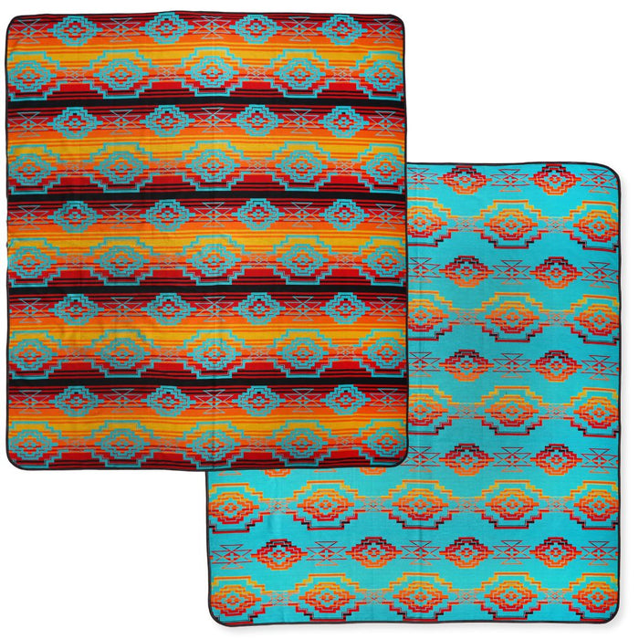 Southwest style bedspread in queen-size. Red, orange, yellow, and teal colors.