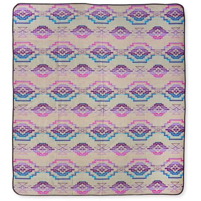 Southwest style bedspread in queen-size. Purple, pink, and blue colors.
