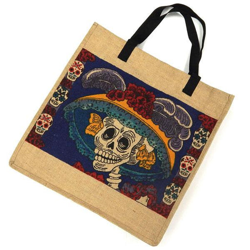 Day of the Dead themed jute reusable bag in a Catrina print by Candy Mayer.