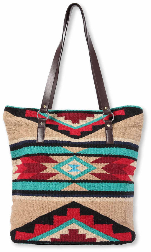 Handwoven cotton Santa Rosa Handbag with one-sided southwest design in camel.
