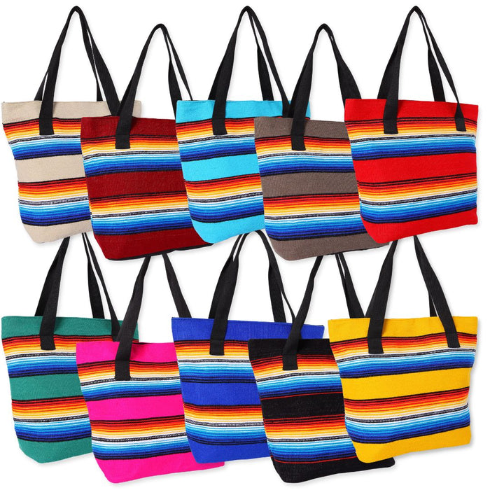 Serape Tote Bags in assorted vibrant colors.