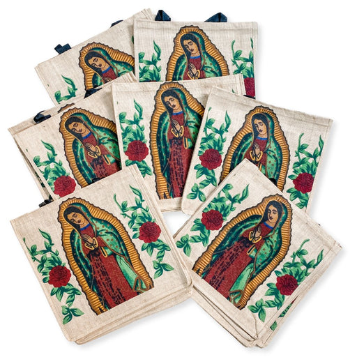 Virgin of Guadalupe print jute reusable bags. Virgen de Guadalupe print