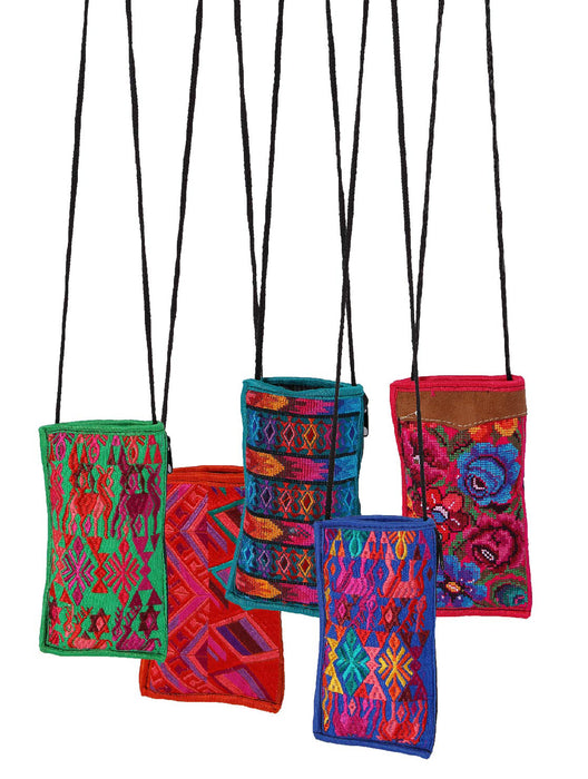 Embroidered pouch for glasses or smartphone. Has a side pocket and carrying strap, shipped in assorted colors and designs.