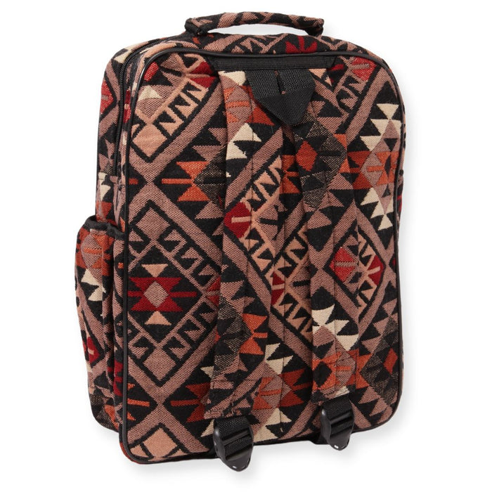 Southwest style backpack in tan, black, beige and rust.