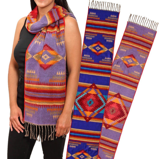 6 pack assorted southwest style scarves in design 'R', royal blue and purple.