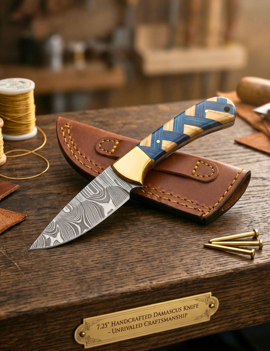 Damascus Skinner Knife with Leather Sheath