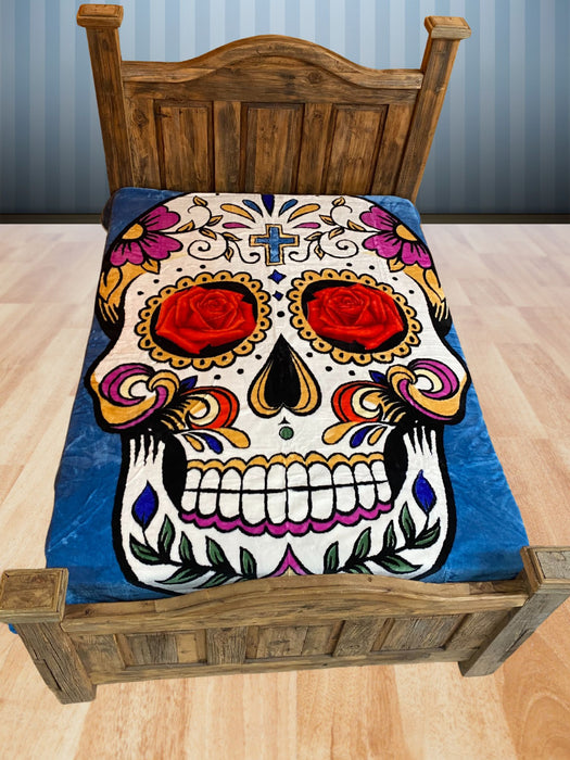 Plush Pictorial Queen-Size Blanket - Turquoise Sugar Skull