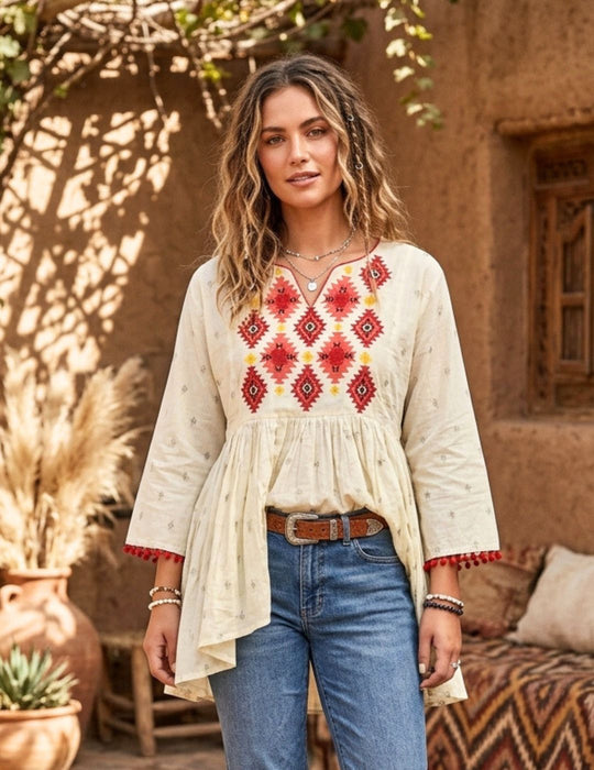 Southwest Boho Embroidered Top, X-Large