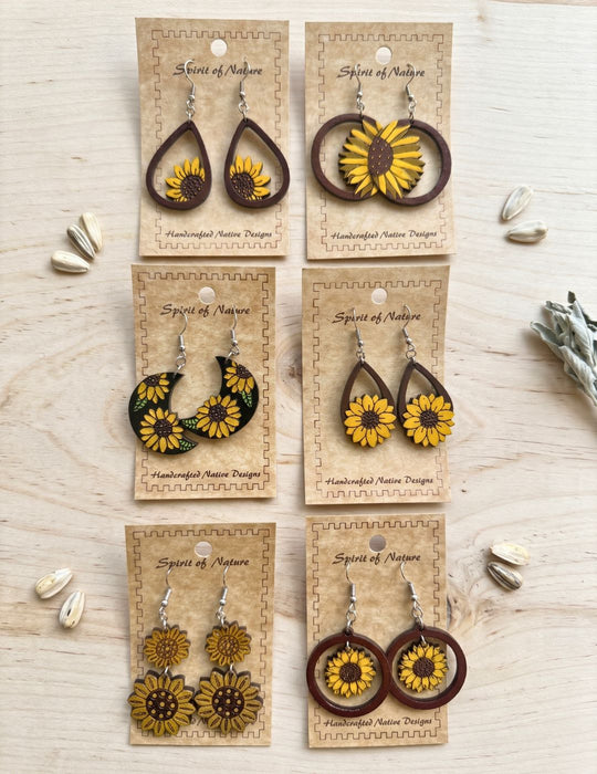WOOD LG SUNFLOWER EARRING