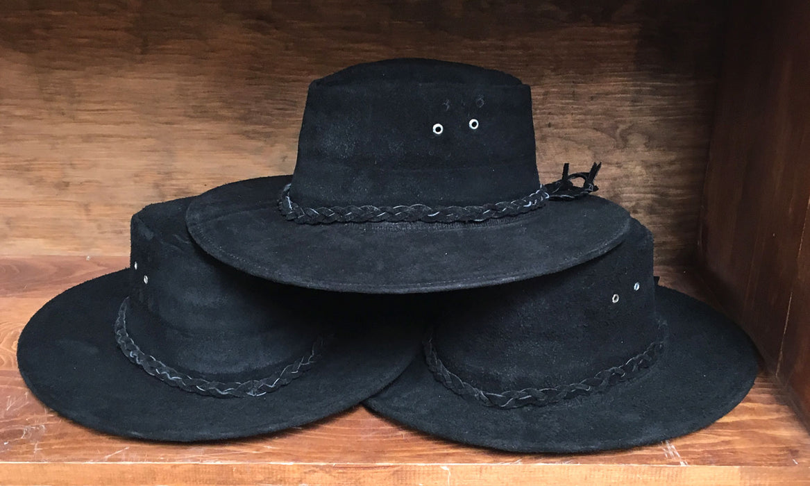 Genuine Suede Large Black Hat with Strap