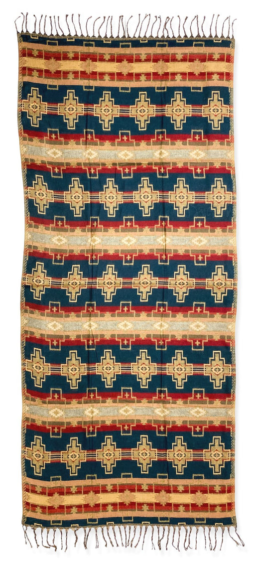 Southwest style shawl in design 1B. Navy, maroon, camel, beige
