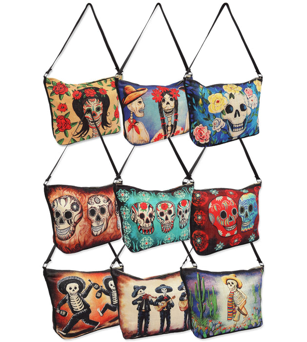 18 pack Day of the Dead themed purses in assorted fun designs and vibrant colors.