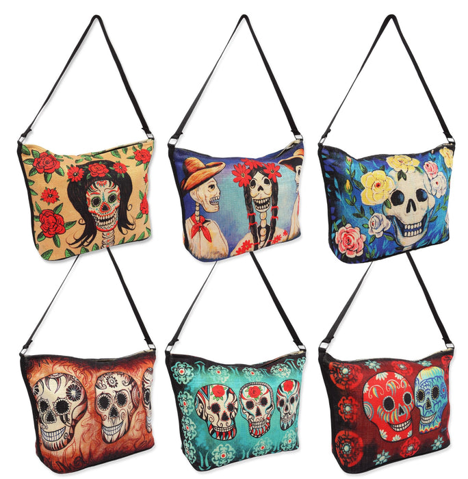 12 pack Day of the Dead themed purses. Shipped in assorted designs and colors.