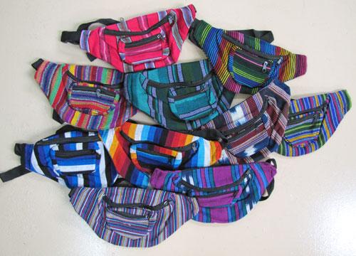 12 pack colorful cotton fanny packs in assorted stripe patterns.