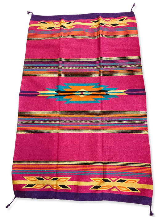 Handwoven Cantina Throw Rug 4' x 6' in hot pink, yellow, and purple. Southwest design