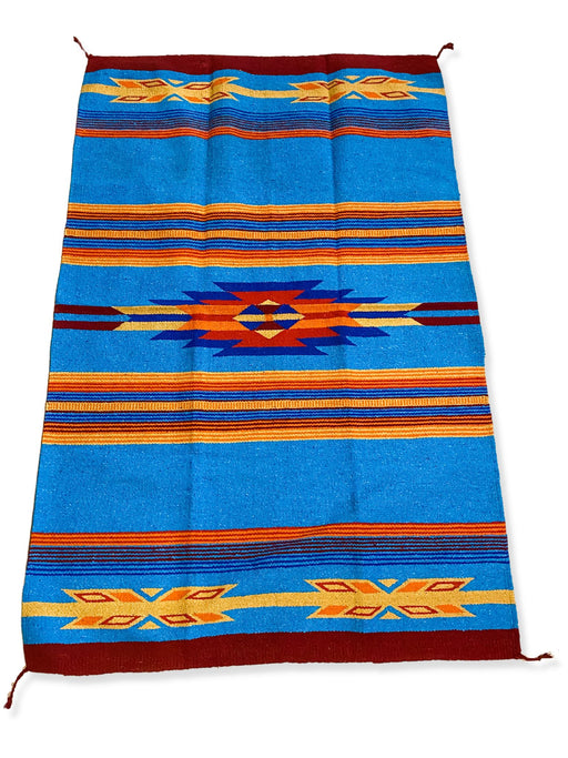 Handwoven Cantina Throw Rug 4' x 6' in turquoise, yellow, and maroon. Southwest design