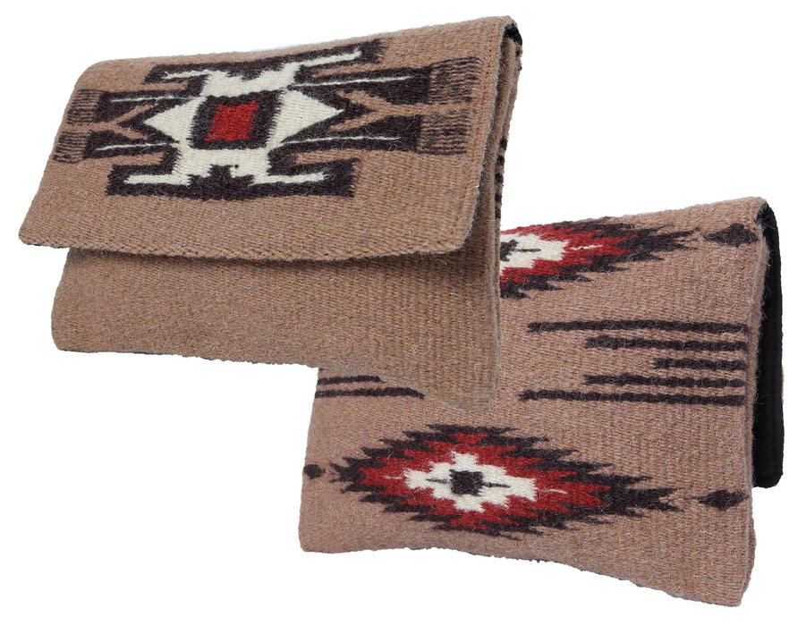 Handcrafted wool clutch purse in southwest style design and camel color.