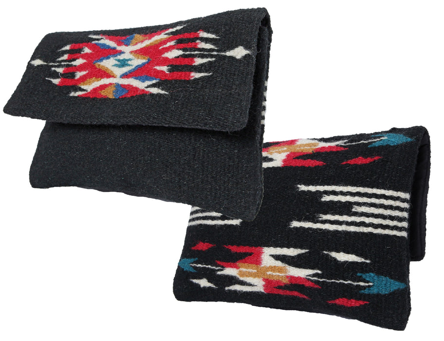 Handcrafted wool clutch purse in southwest style design and black color.