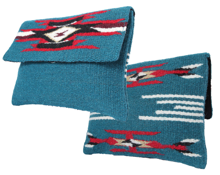 Handcrafted wool clutch purse in southwest style design and turquoise color.