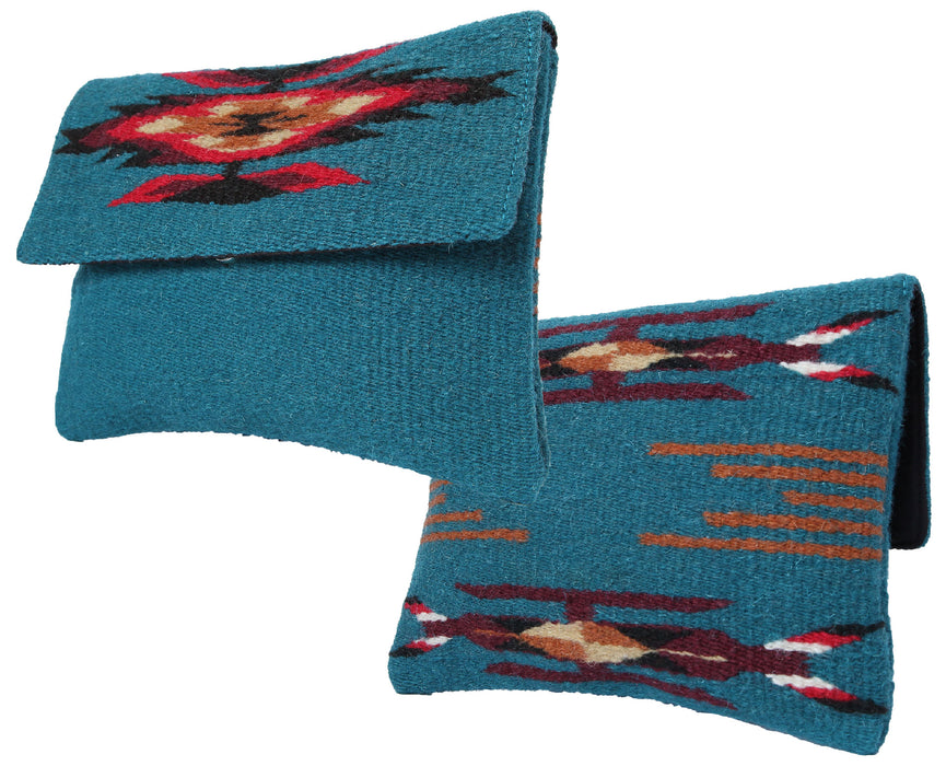 Handcrafted wool clutch purse in southwest style design and turquoise color.