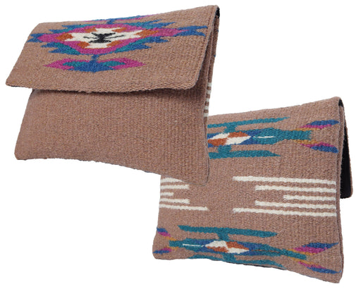 Handcrafted wool clutch purse in southwest style design and camel color.