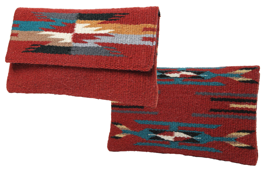 Handcrafted wool clutch purse in southwest style design and rust color.