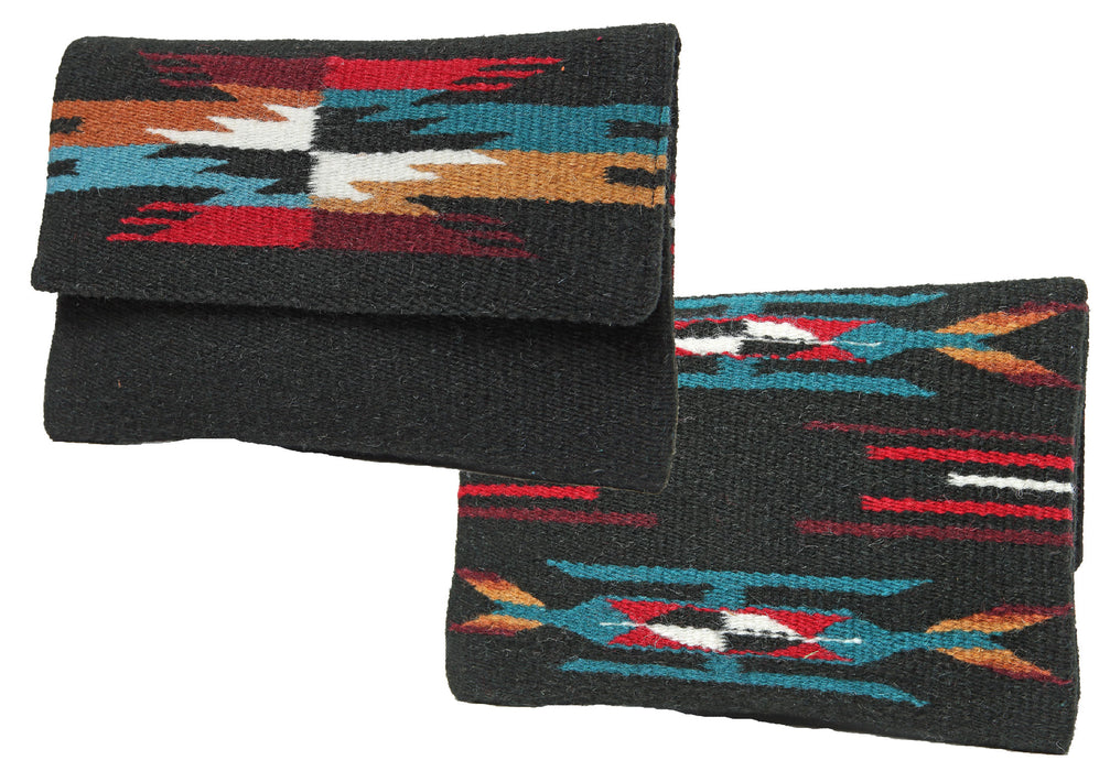 Handcrafted wool clutch purse in southwest style design and black color.