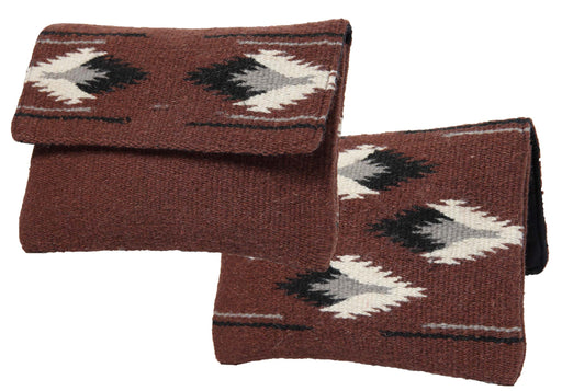 Handcrafted wool clutch purse in southwest style design and brown color.