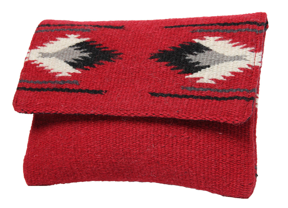 Handcrafted wool clutch purse in southwest style design and red color.