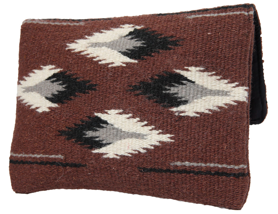 Handcrafted wool clutch purse in southwest style design and brown color.