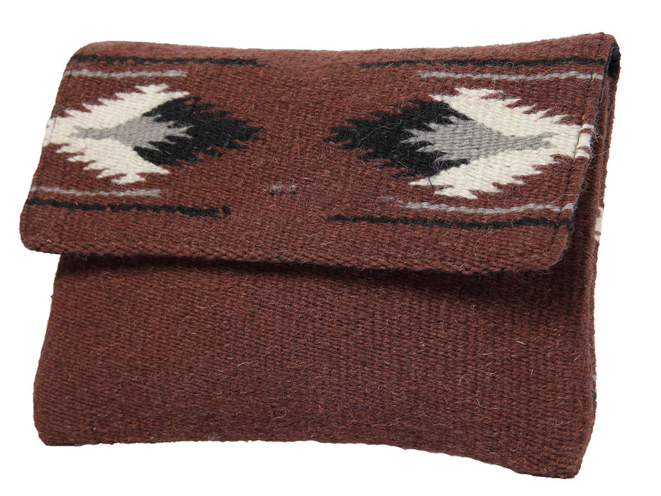 Handcrafted wool clutch purse in southwest style design and brown color.