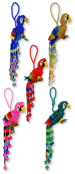 Bright and vibrant beaded parrot ornaments, shipped in assorted colors.