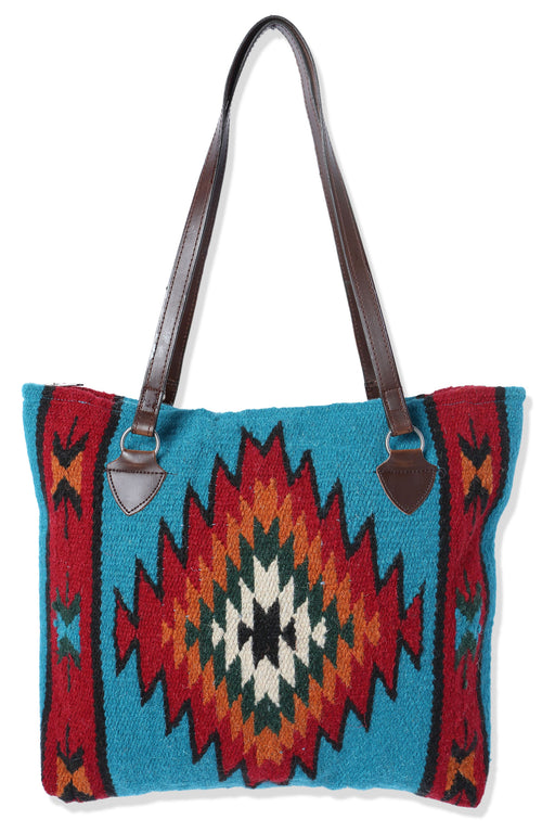Handwoven wool Maya Modern Purse in classic zapotec-style design, turquoise and red.