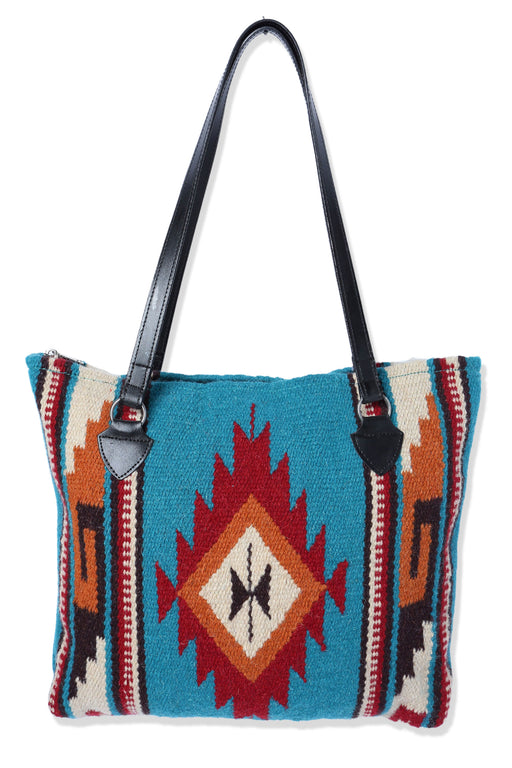 Handwoven wool Maya Modern Purse in classic zapotec-style design, turquoise and rust
