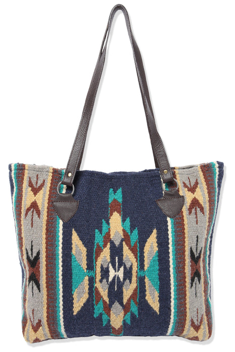 Handwoven wool Maya Modern Purse in classic zapotec-style design, navy blue and brown