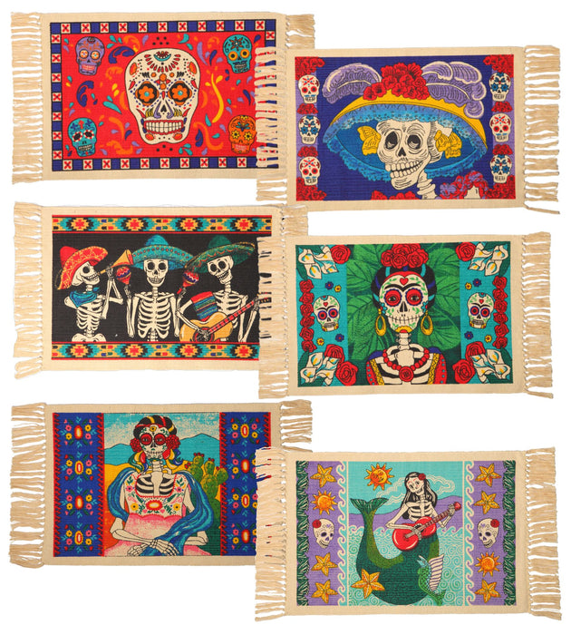 Cotton Stencil Day of the Dead themed table mats in assorted designs.
