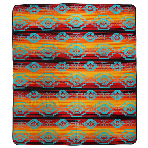 Southwest style bedspread in queen-size. Red, orange, yellow, and teal colors.