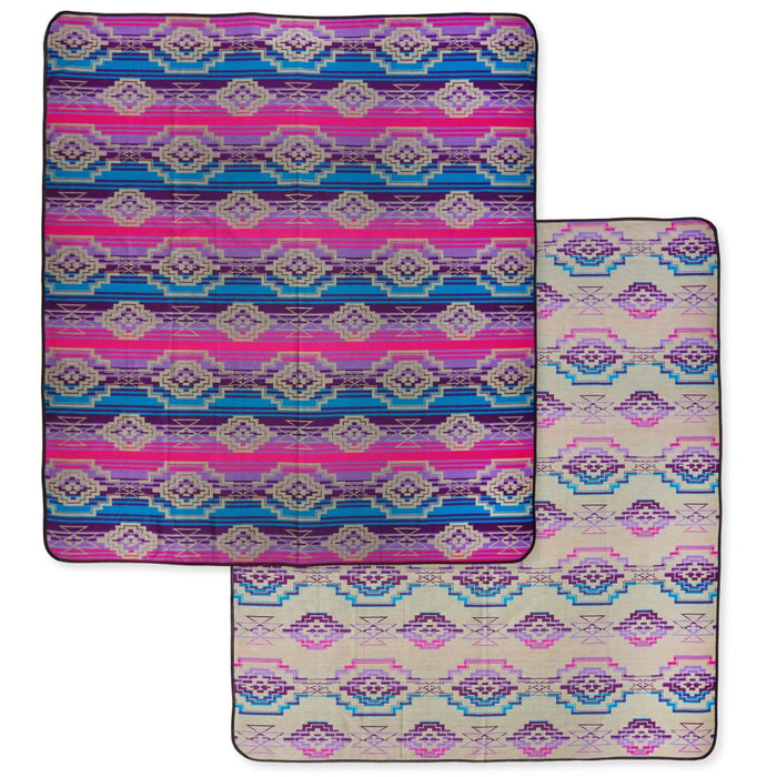 Southwest style bedspread in queen-size. Purple, pink, and blue colors.