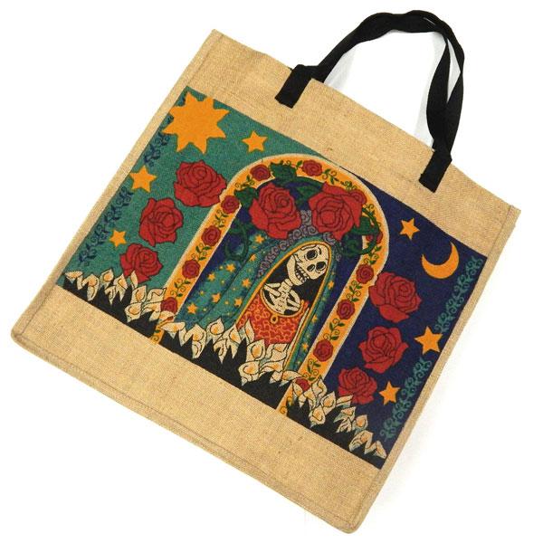 Day of the Dead themed jute reusable bag in a virgen de guadalupe skeleton print by Candy Mayer.