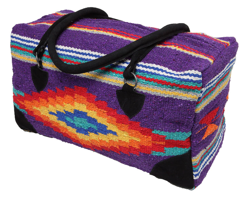 Weekender Bag in the vibrant colors of purple, red, orange, and yellow