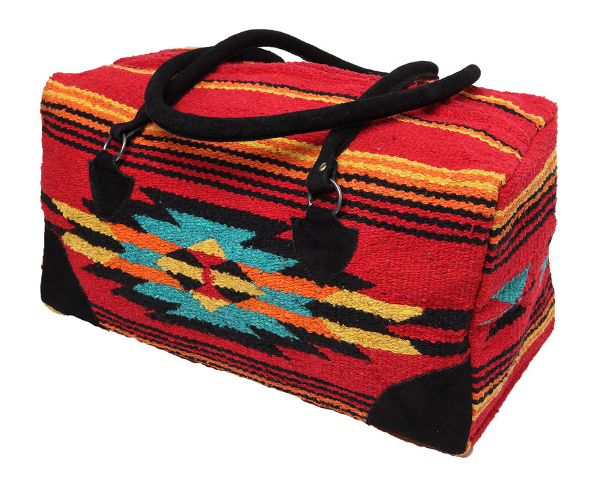 Weekender Bag in vibrant colors of red, teal, yellow, and black