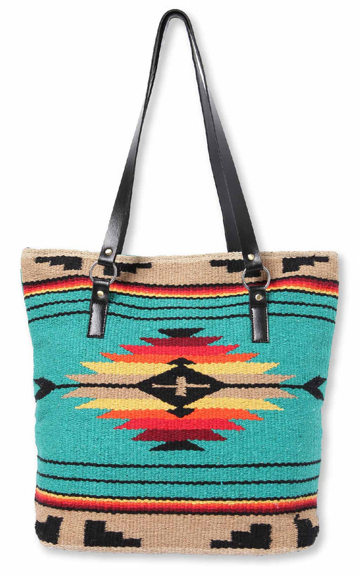 Handwoven cotton Santa Rosa Handbag with one-sided southwest design in teal.