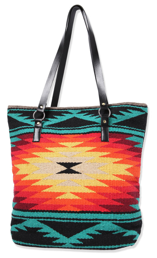 Handwoven cotton Santa Rosa Handbag with one-sided southwest design in teal and black