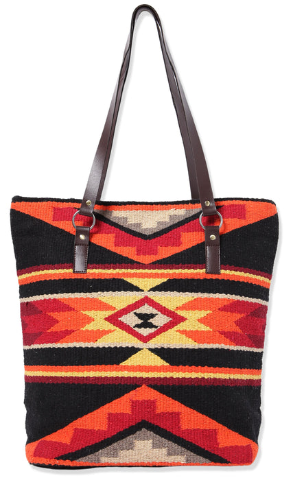 Handwoven cotton Santa Rosa Handbag with one-sided southwest design in black and red.