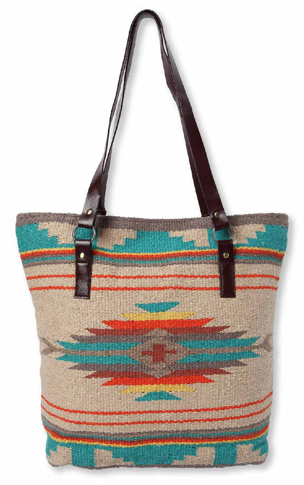 Handwoven cotton Santa Rosa Handbag with one-sided southwest design in beige and teal