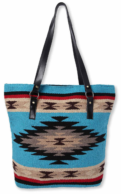 Handwoven cotton Santa Rosa Handbag with one-sided southwest design in turquoise