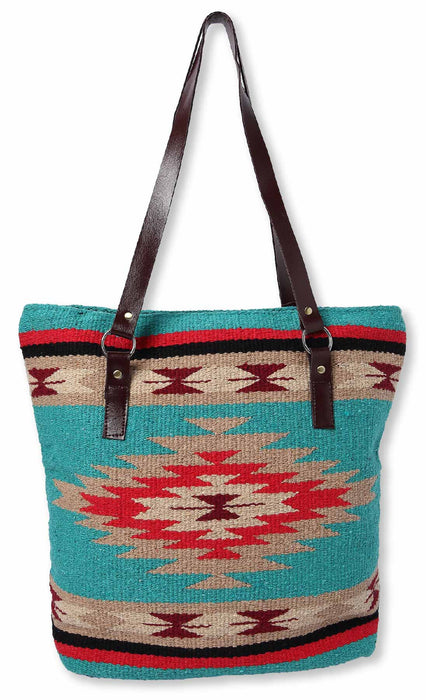 Handwoven cotton Santa Rosa Handbag with one-sided southwest design in teal and red.
