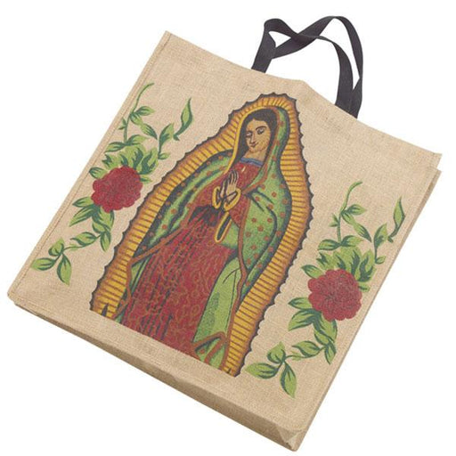 Virgin of Guadalupe print jute reusable bags. Virgen de Guadalupe print.