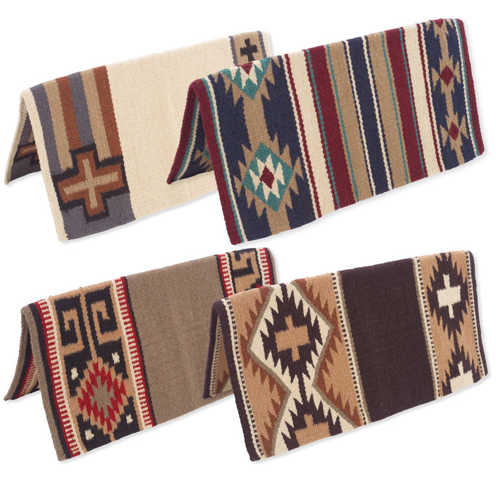 4 pack wool saddle blankets in assorted designs and colors.